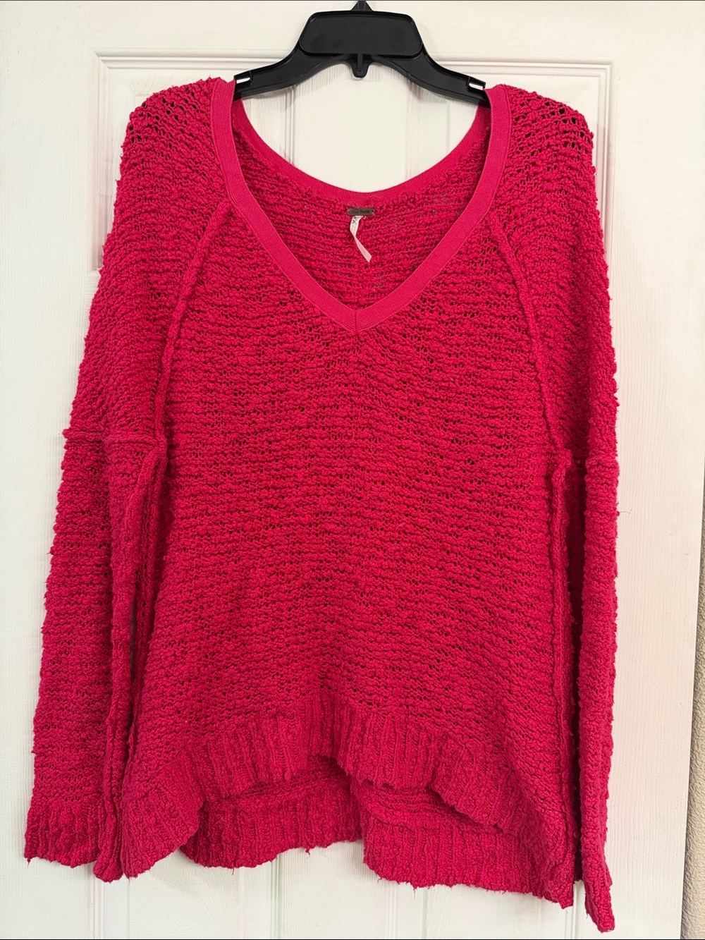 Free People V-Neck Chunky Knit Sweater - Hot Pink
